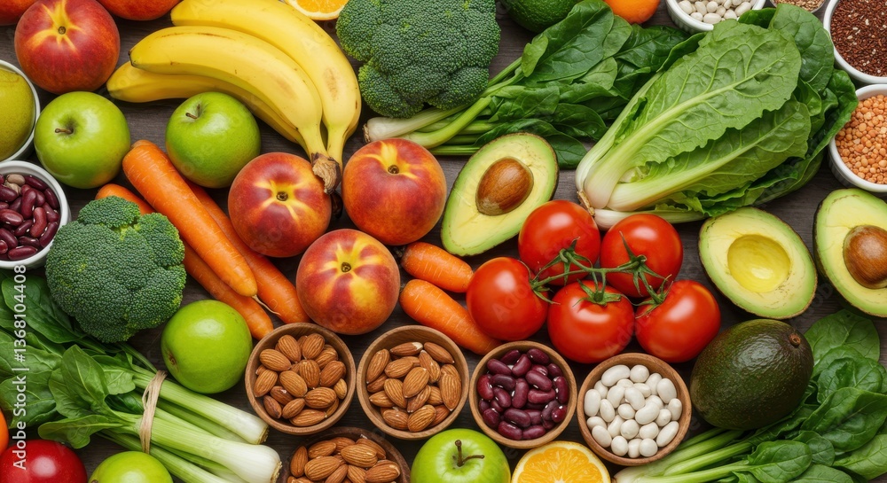 Poster a vibrant assortment of fresh fruits and vegetables displayed in an appealing and colorful arrangeme