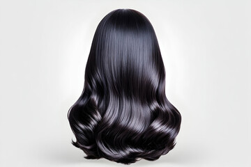Fototapeta premium Long, glossy, black hair with soft waves, viewed from behind against a light gray background
