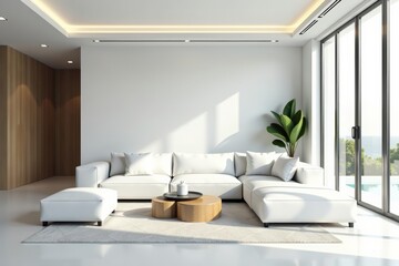 Fototapeta premium Modern white living room with L-shaped sofa, floor-to-ceiling windows, minimalist decor, contemporary, white, interior design