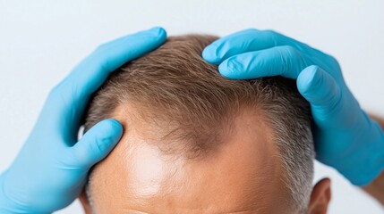 Doctor wearing blue gloves examining male patient's receding hairline, checking scalp for hair loss and potential alopecia during medical consultation