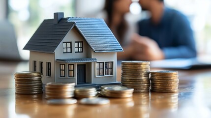 Miniature house and stacks of coins with blurred couple calculating their expenses in background