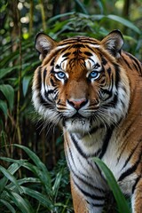 A powerful close-up of a Bengal tiger with piercing blue eyes, gazing intensely at the camera, set against a lush jungle backdrop. Perfect for wildlife and nature themes.