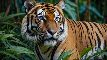 Fototapeta premium A powerful close-up of a Bengal tiger with piercing blue eyes, gazing intensely at the camera, set against a lush jungle backdrop. Perfect for wildlife and nature themes.