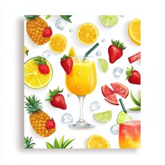Colorful Tropical Drink Pattern with Fruit and Refreshing Ice Cubes