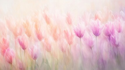 Fototapeta premium Elegant soft-focus pastel tulip field in peach, lilac, and blush pink.