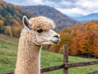 Obraz premium A close-up of a fluffy alpaca against a backdrop of autumn trees and mountains, showcasing its unique features in a serene natural setting.