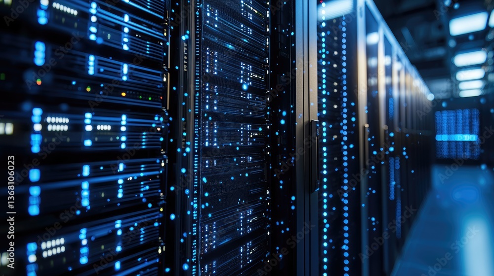 Poster futuristic data center interior with glowing blue server lights and floating digital particles, idea