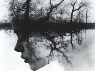 A womans face merged with trees and their reflection in water