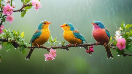 Obraz premium Vibrant nightingales perched on a blooming branch, surrounded by soft raindrops. A serene and romantic scene, perfect for music covers and backgrounds.