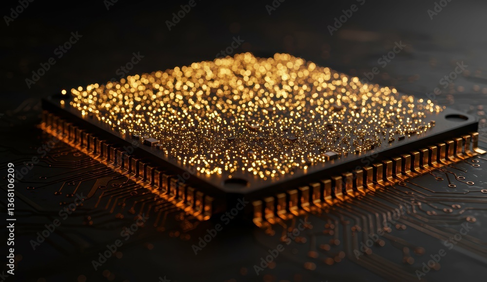 Poster close-up of microchip with gold particles on circuit board. represents technology, innovation, and d