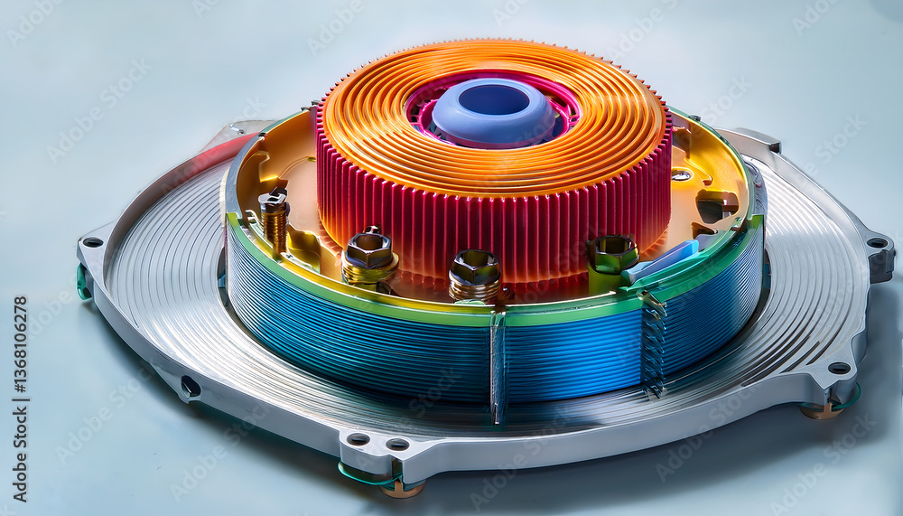 Poster detailed mechanical cooling component with colorful heat sinks