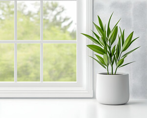 Lush green plant in a white pot sits on a windowsill overlooking a blurred, leafy green garden