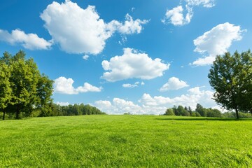 Green field below a bright blue sky filled with puffy white clouds and scattered trees
