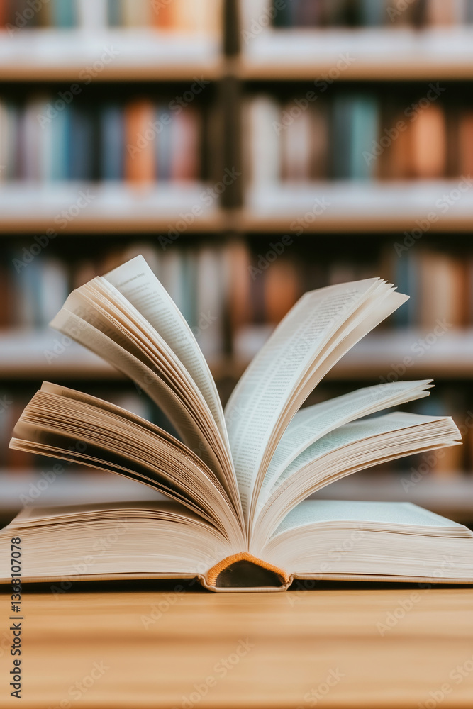 Aufkleber open book on table with blurred bookshelves in background during quiet reading time