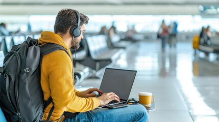 Business traveler focused on laptop in airport terminal with headphones, backpack and coffee cup, showcasing work-life balance and modern travel lifestyle