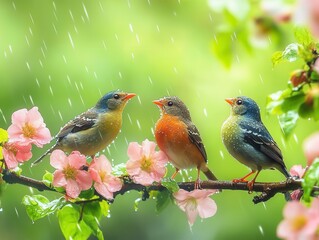 Fototapeta premium Vibrant nightingales perched on a blooming branch, surrounded by soft raindrops. A serene and romantic scene, perfect for music covers and backgrounds.