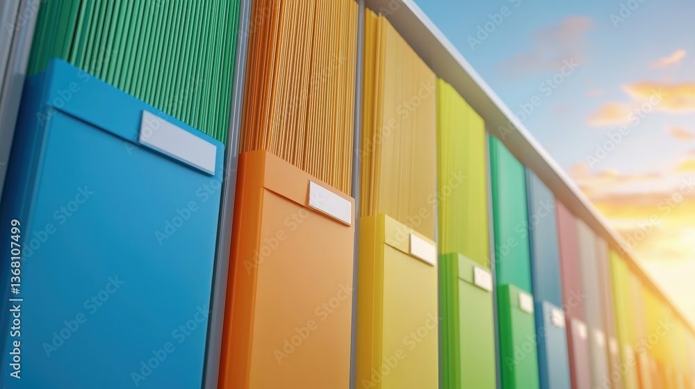Poster a vibrant array of colorful file folders organized neatly, showcasing a spectrum of hues against a b