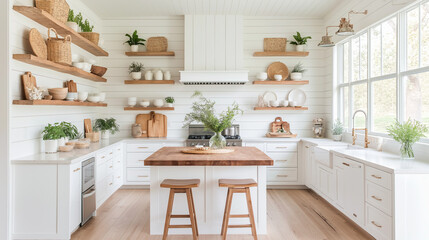 Fototapeta premium Elegant Kitchen Interior: A beautifully designed kitchen with wooden accents and modern appliances, creating a warm and inviting atmosphere, perfect for culinary creativity and home living.