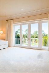 Obraz premium Luxurious bedroom with large windows offering scenic views