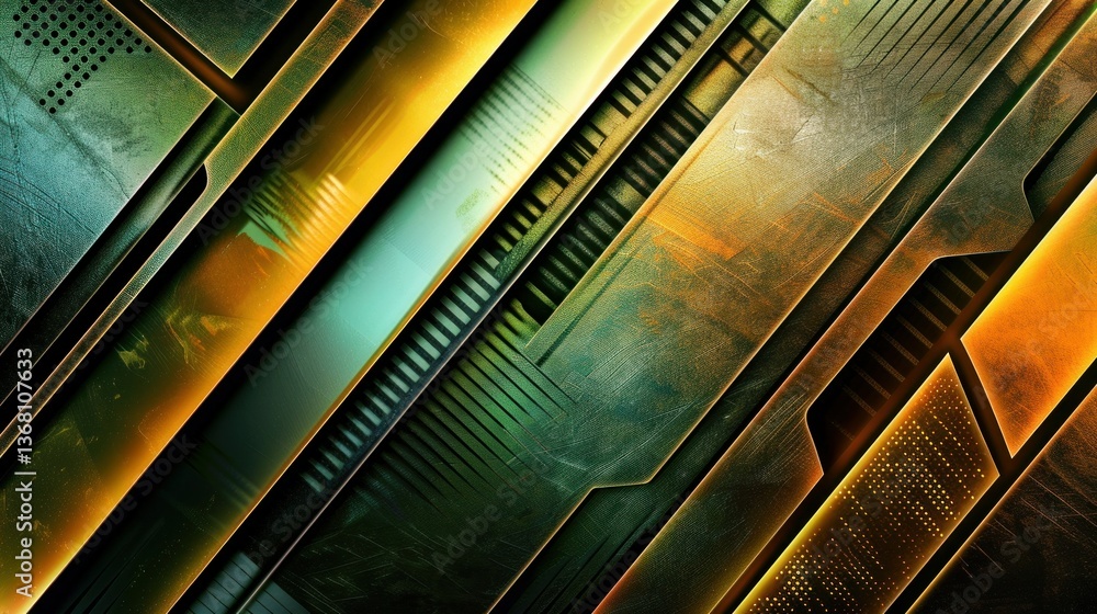 Poster abstract technological shapes with sharp angles and metallic hues.
