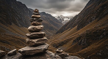 Balanced Stone Cairn Majestic Mountain Valley. AI Generated