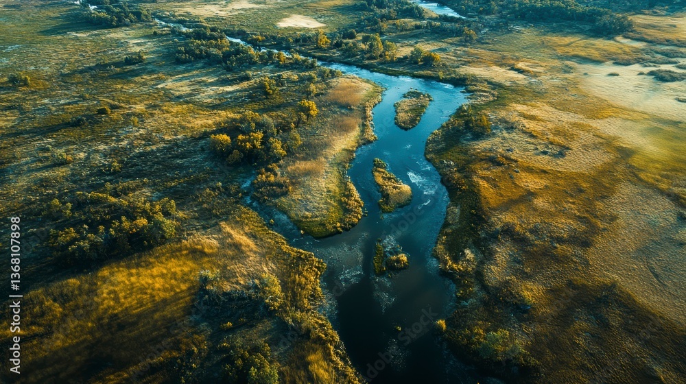 Poster aerial view of a winding river flowing through autumnal wetlands.