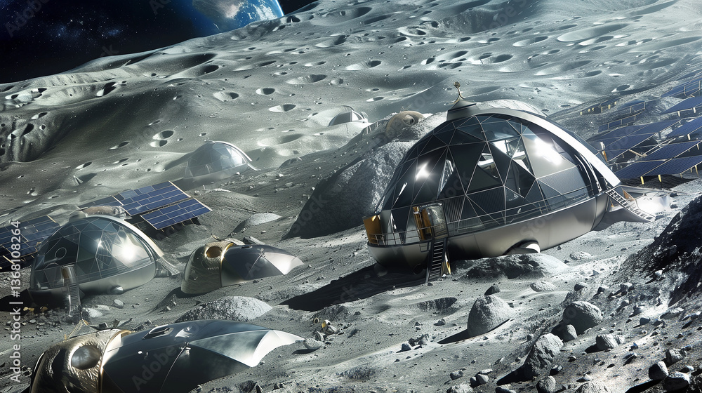 Poster this excavation activities take place at a lunar base focusing on asteroid regolith refinement.
