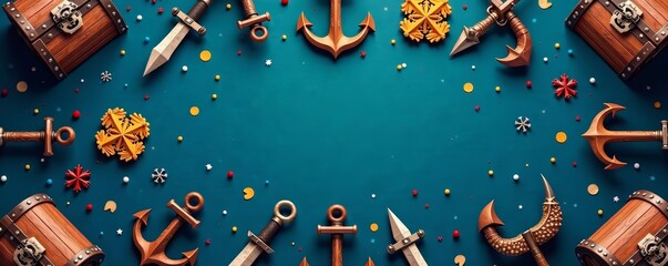 Nautical seamless design for a pirate birthday celebration with swords, treasure chests, and anchors, birthday, nautical, pirate © DITSARAPHAN