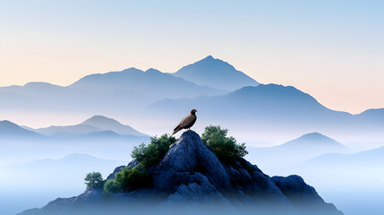Fototapeta premium Majestic bird perched atop a misty mountain peak at sunrise