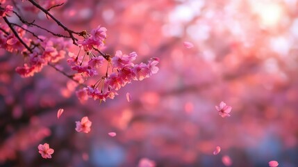 Delicate pink blossoms on a branch with petals falling; soft, warm light
