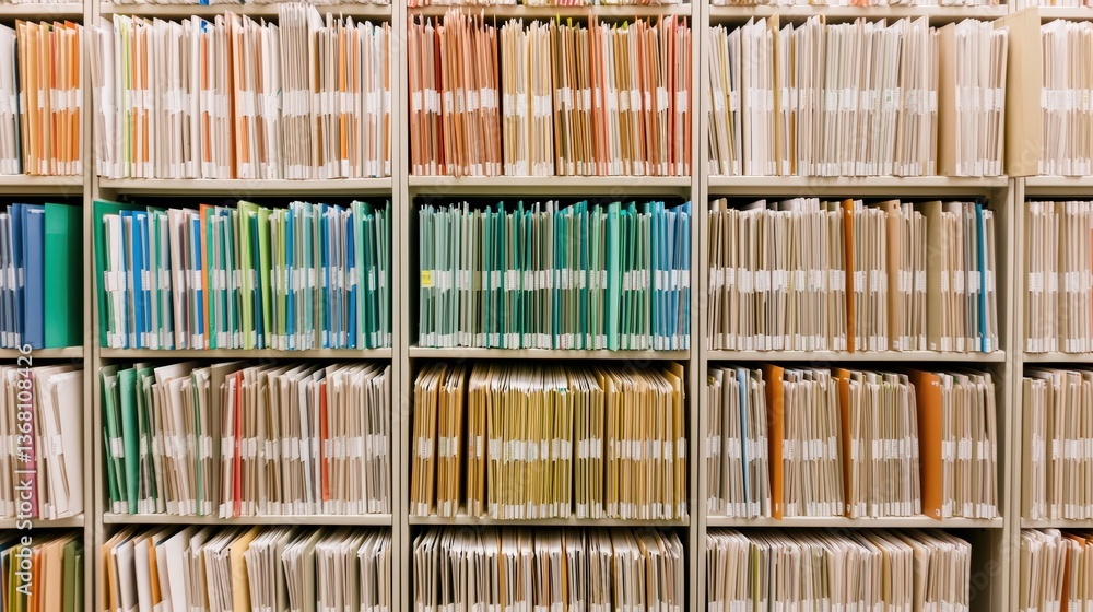 Aufkleber a neatly organized shelf filled with colorful file folders, showcasing a system of paperwork and doc