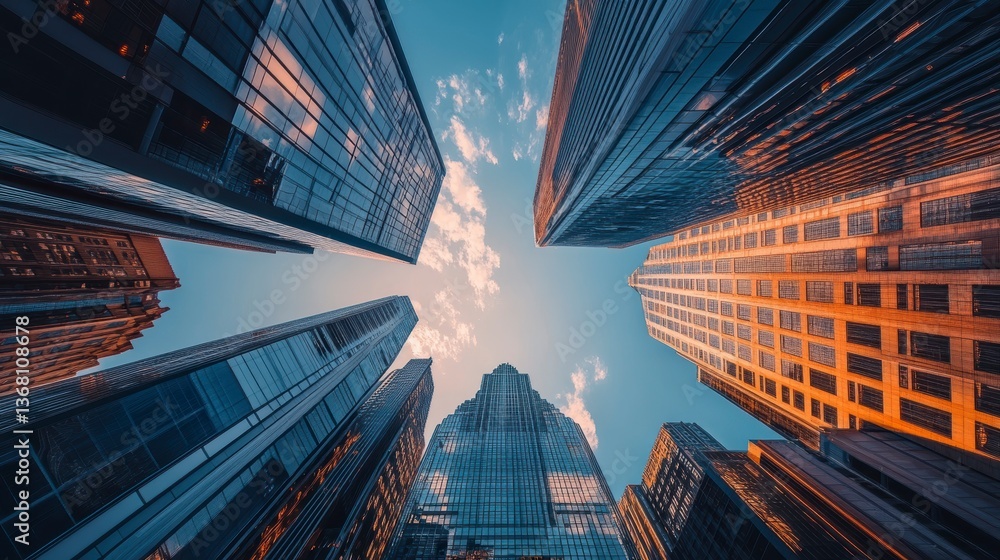 Poster low angle view of skyscrapers reaching towards a partly cloudy sky.