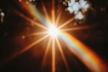 A bright sunburst flares with vibrant colors through leaves in a blurry, hazy setting