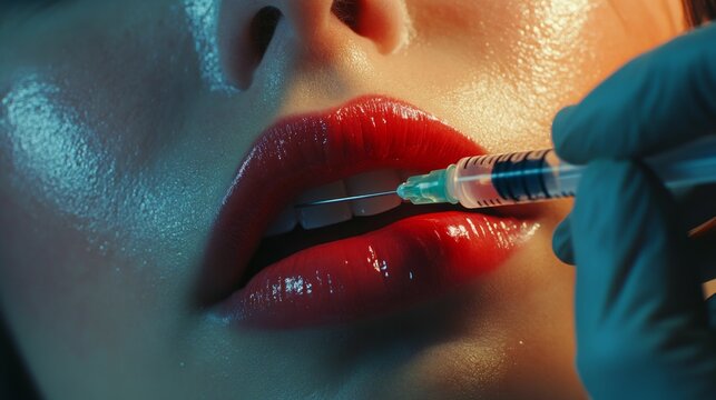 concept procedure for lip augmentation in a woman, close-up of a woman's beautiful lips and a doctor's hand in a medical glove holding a syringe with a drug for lip augmentation