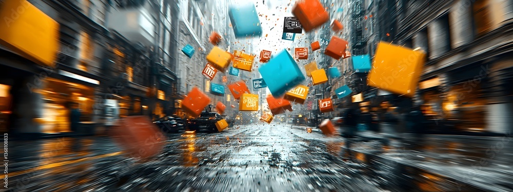 Poster cascading azure digital energy streams coursing through a gritty neon infused urban environment symb