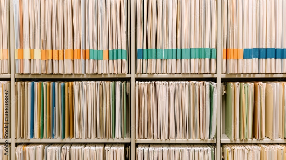 Poster a neatly organized shelf filled with folders and documents, showcasing a variety of colors and sizes