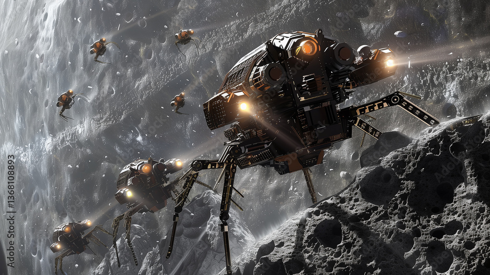 Poster This Robotic devices work on an asteroid's surface, extracting regolith for resource refinement.