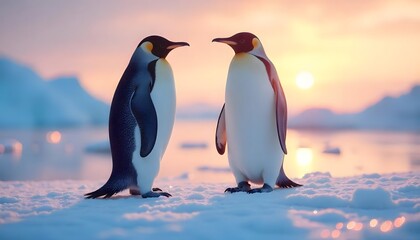 Fototapeta premium Two Emperor Penguins at Sunset on Snowy Landscape