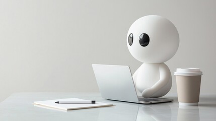 Minimalist ai robot working diligently on laptop, coffee cup and notepad beside, representing digital workspace and technological productivity