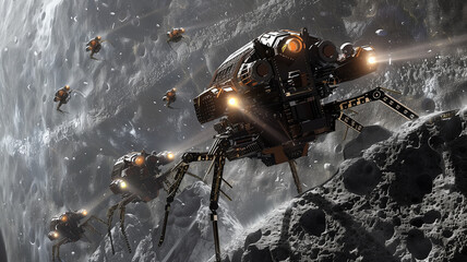This Robotic devices work on an asteroid's surface, extracting regolith for resource refinement.