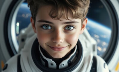 Young boy in astronaut suit, smiling