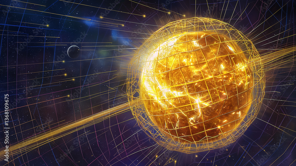 Poster this glowing star encased in energy grids, symbolizing futuristic stellar mining in deep space.