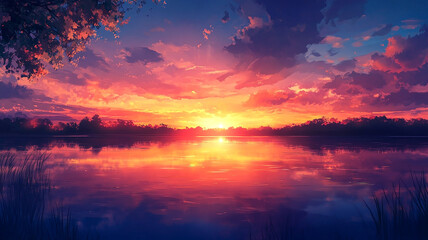 Fototapeta premium Aesthetic wallpaper of a vibrant sunset over a tranquil lake, with the sky in shades of orange, pink, and purple, beautifully reflected in the water. Perfect for social media post designs.