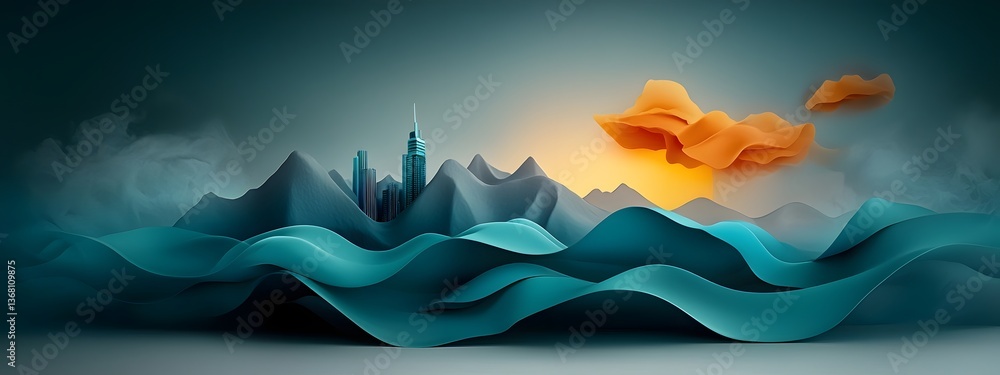 Poster cascading cerulean digital waves flowing across a stark monochromatic canvas symbolizing the boundle
