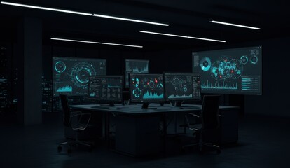 Naklejka premium Futuristic office with high-tech monitors displaying data analytics in a dark environment, focusing on technology.