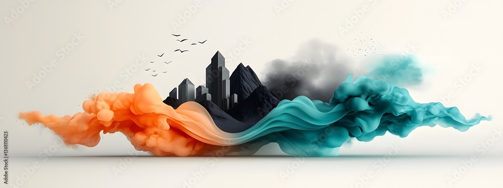 Poster cascading digital waves of azure hues flowing over a minimalist black and white backdrop symbolizing