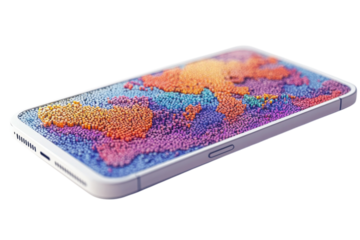 A vibrant world map crafted from colorful tiny blocks displayed on a sleek modern smartphone, showcasing global connection and digital diversity.