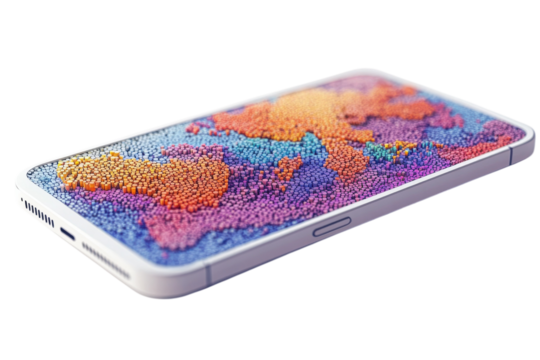 A vibrant world map crafted from colorful tiny blocks displayed on a sleek modern smartphone, showcasing global connection and digital diversity.