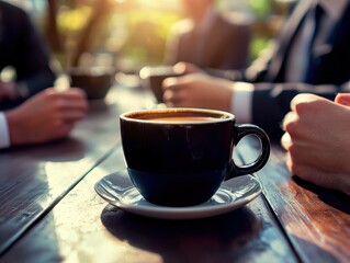 close up of dark coffee cup on wooden table, surrounded by people in business attire, enjoying warm beverage during meeting. sunlight creates warm and inviting atmosphere