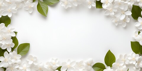 Fototapeta premium White blank paper surrounded by white flowers and green leaves on a white background, creating 